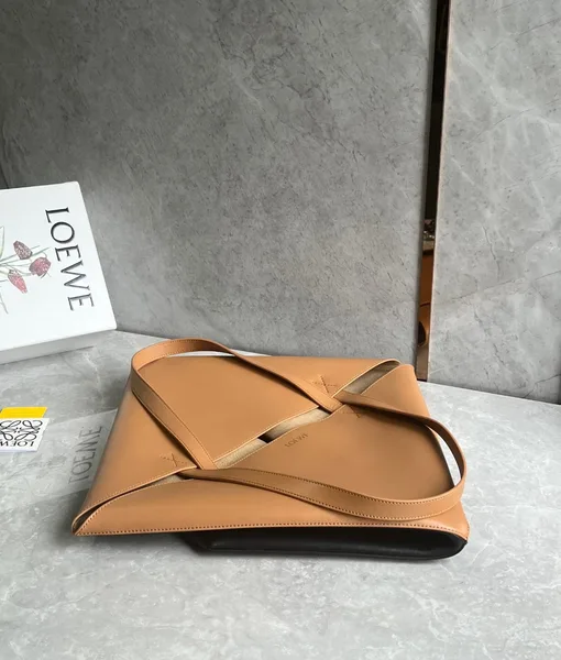 Loewe Large Puzzle Fold Tote Bag in Tan and Black Calfskin product view 8