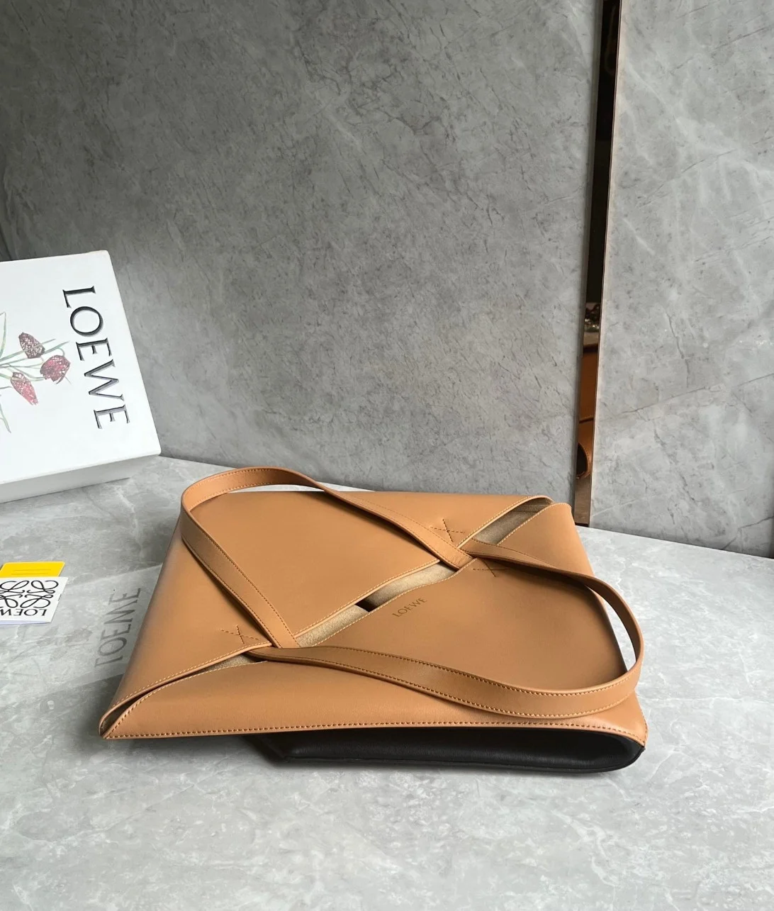 Loewe Large Puzzle Fold Tote Bag in Tan and Black Calfskin product view 8