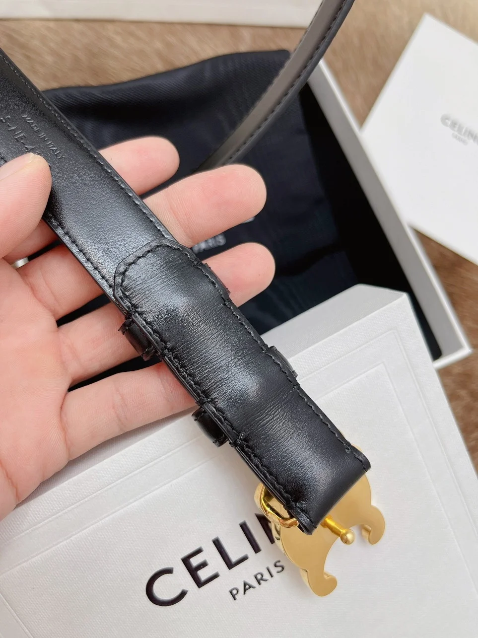 Celine Medium Triomphe Belt 25MM in Black Calfskin product view 8