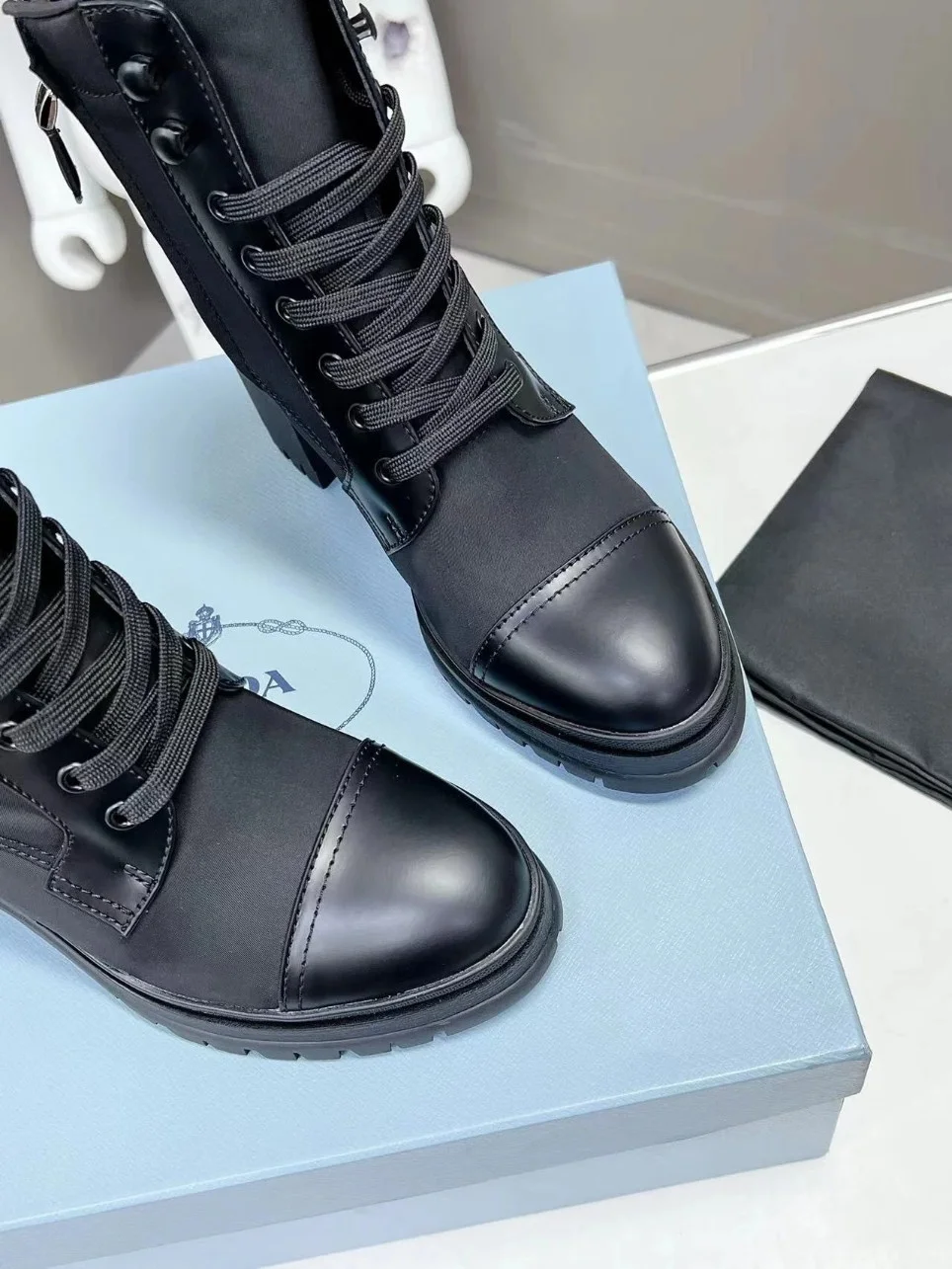 Prada Ankle Boots in Black Brushed Leather and Nylon product view 7