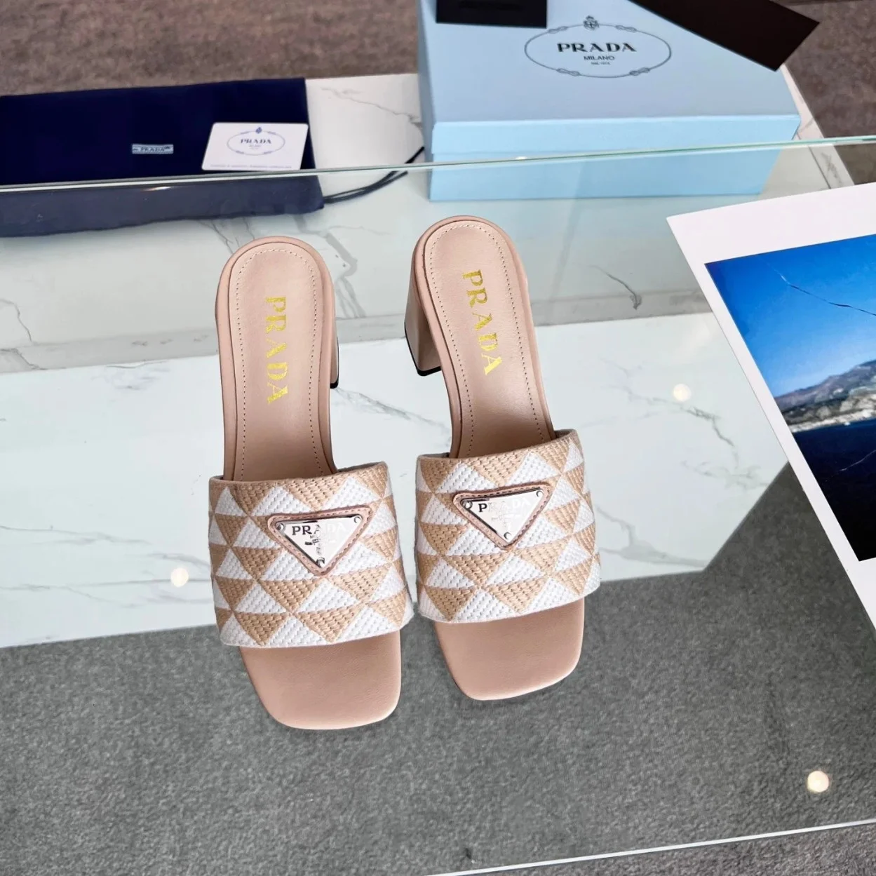 Prada Heeled Slide Sandals 65mm in Beige and White Fabric product view 2