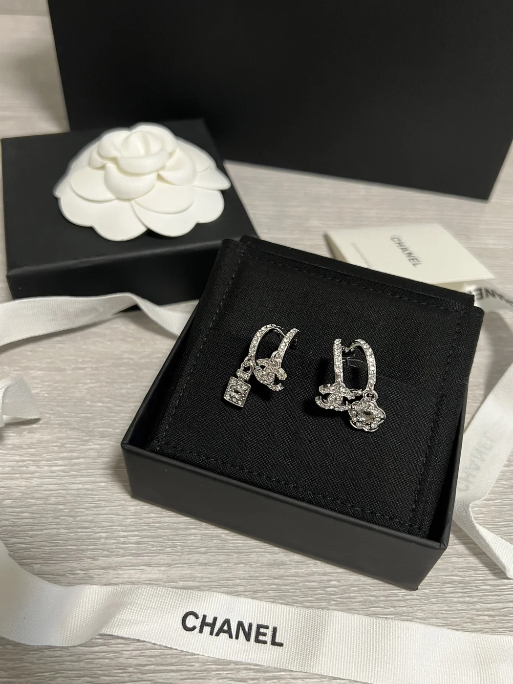 Chanel Asymmetric Perfume Bottle and Camellia Charm Earrings Silver-Tone product view 5