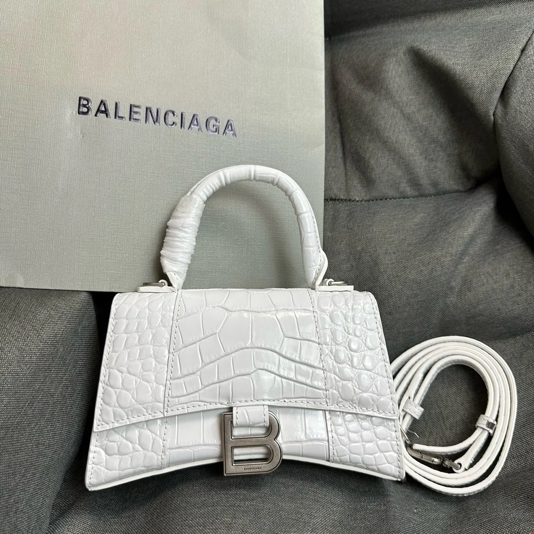 Balenciaga Hourglass XS Bag in White Croc-Embossed Calfskin product view 2