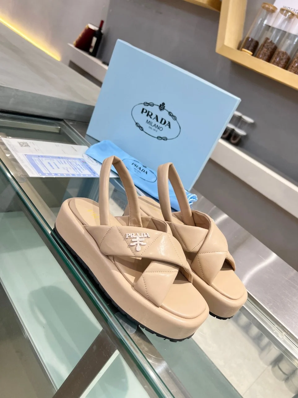 Prada Flatform Sandals In Beige Quilted Nappa Leather product view 6