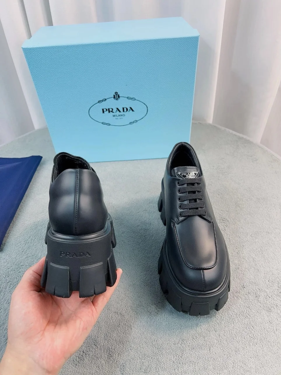 Prada Monolith Lace-up Shoes in Black Brushed Leather product view 6