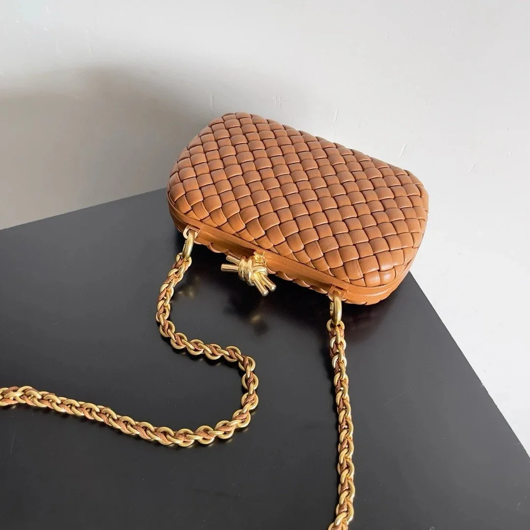 Bottega Veneta Knot Clutch with Chain in Brown Intrecciato Lambskin product view 5
