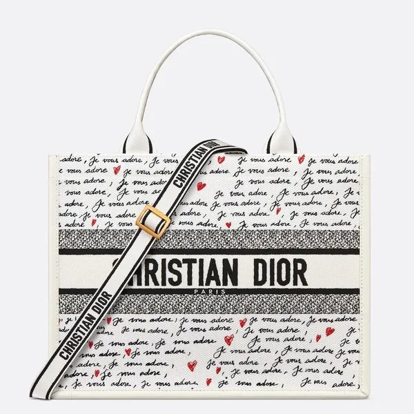 Dior Dioramour Medium Book Tote Bag with Strap in Je Vous Adore Embroidery and White Calfskin product photo