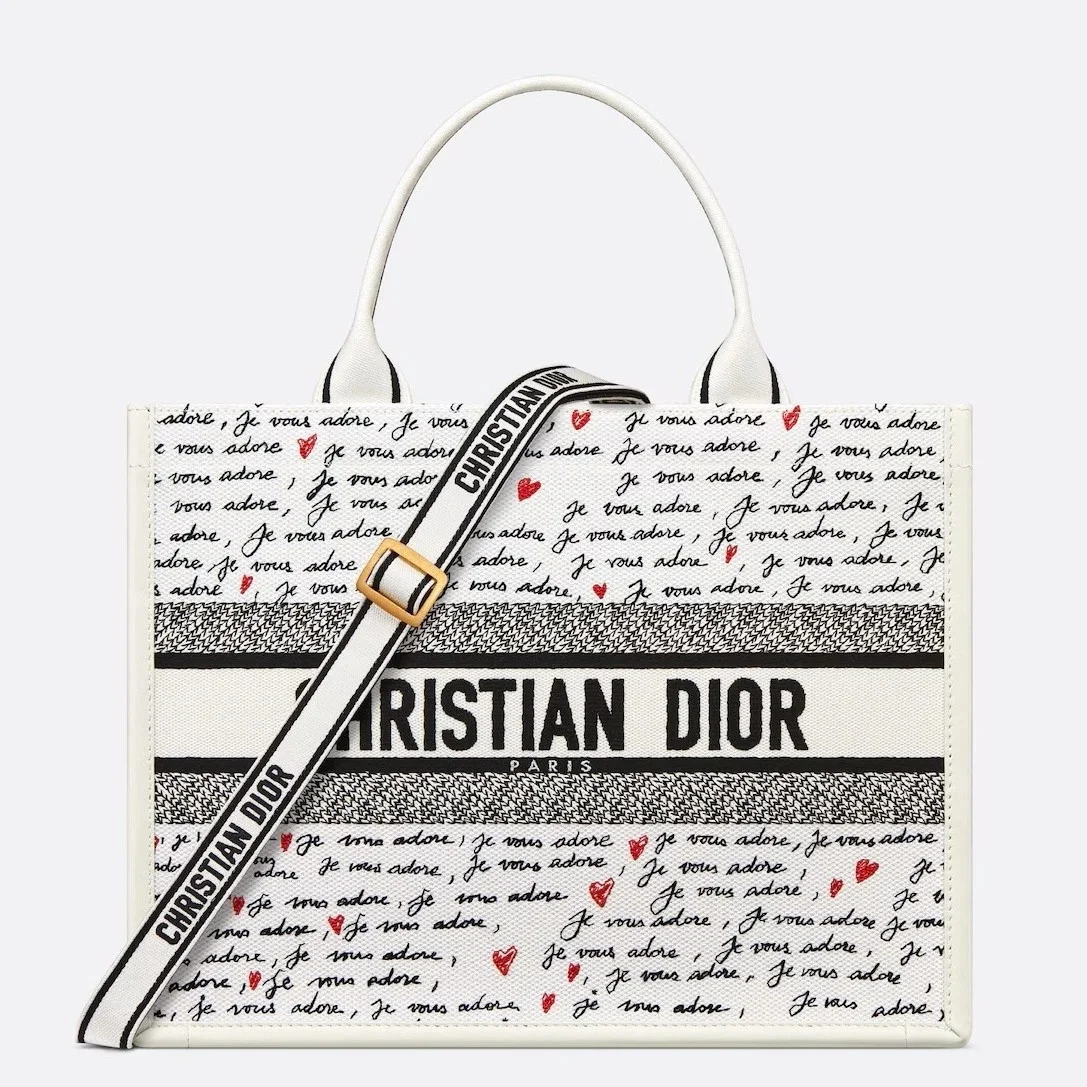 Dior Dioramour Medium Book Tote Bag with Strap in Je Vous Adore Embroidery and White Calfskin product view 1