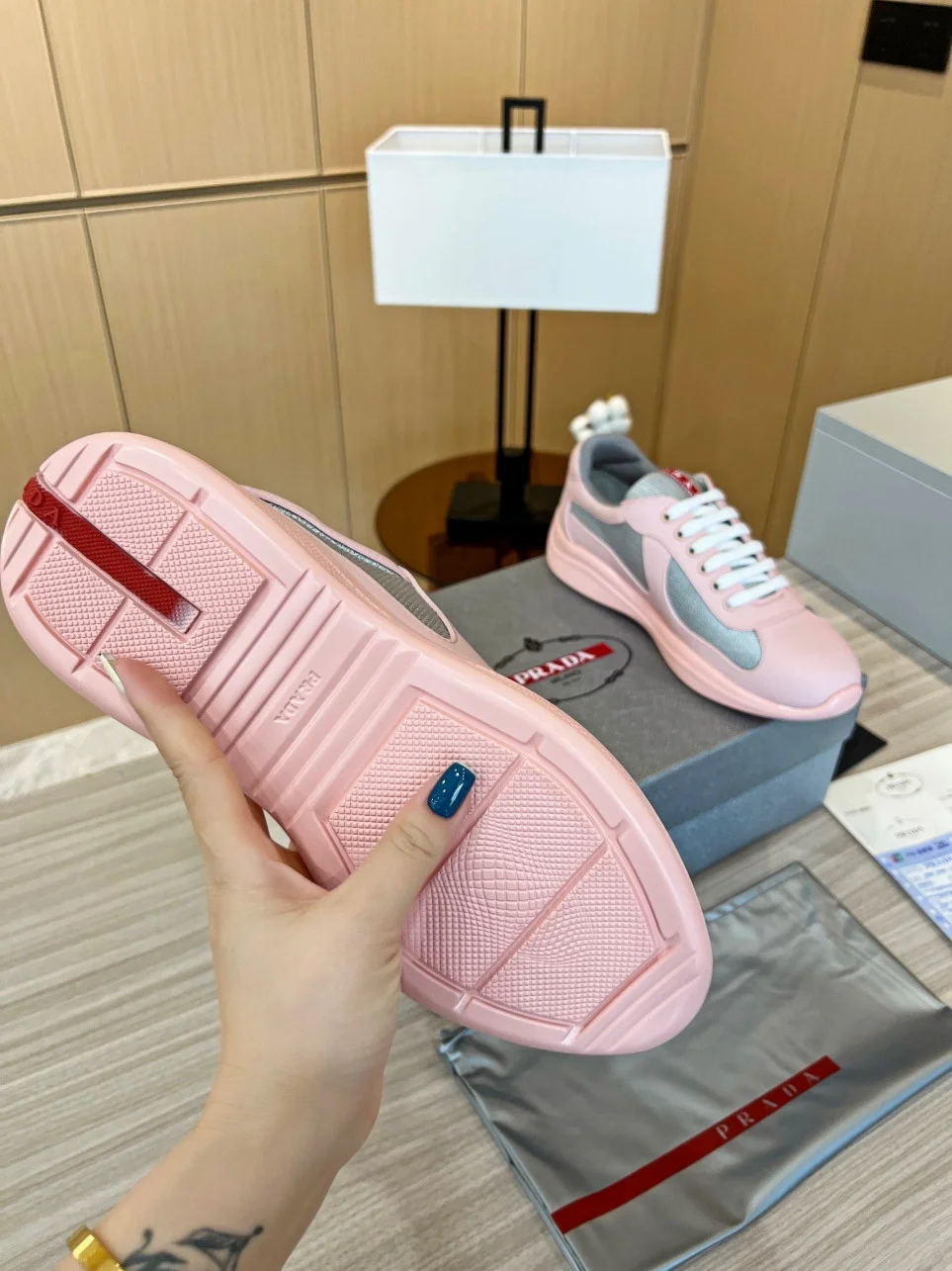 Prada America’s Cup Sneakers in Pink Rubber and Bike Fabric product view 6