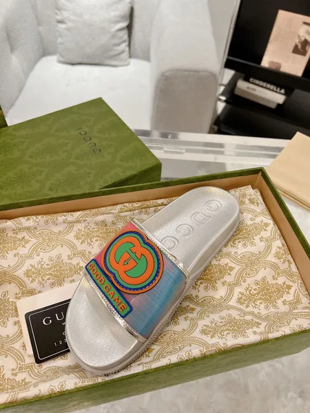 Gucci Interlocking G Slide Sandals — Silver with Rainbow Finish product view 4
