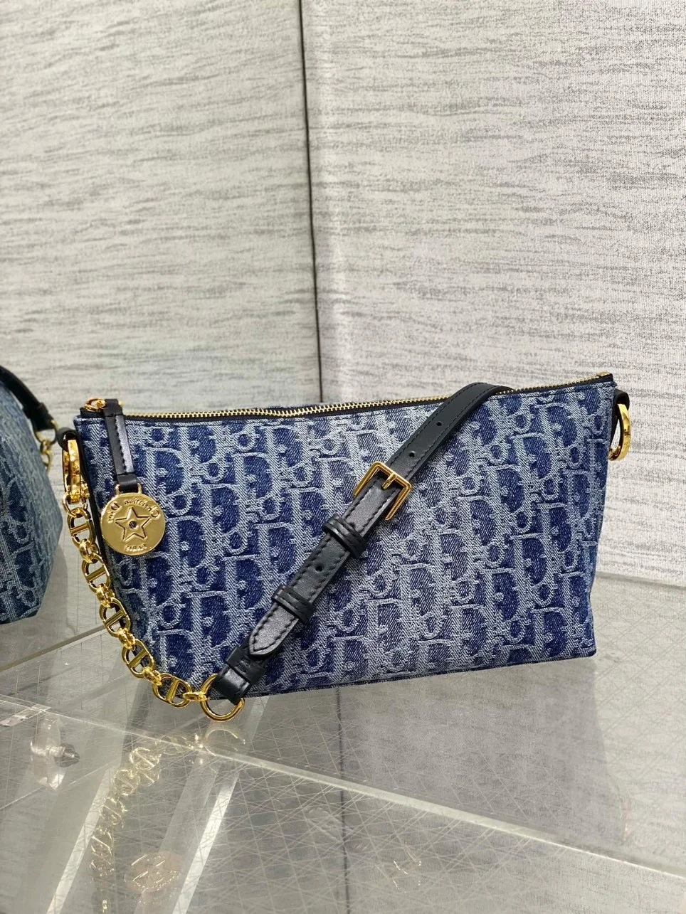 Dior Diorstar Hobo Bag with Chain in Blue Denim Oblique Jacquard product view 9