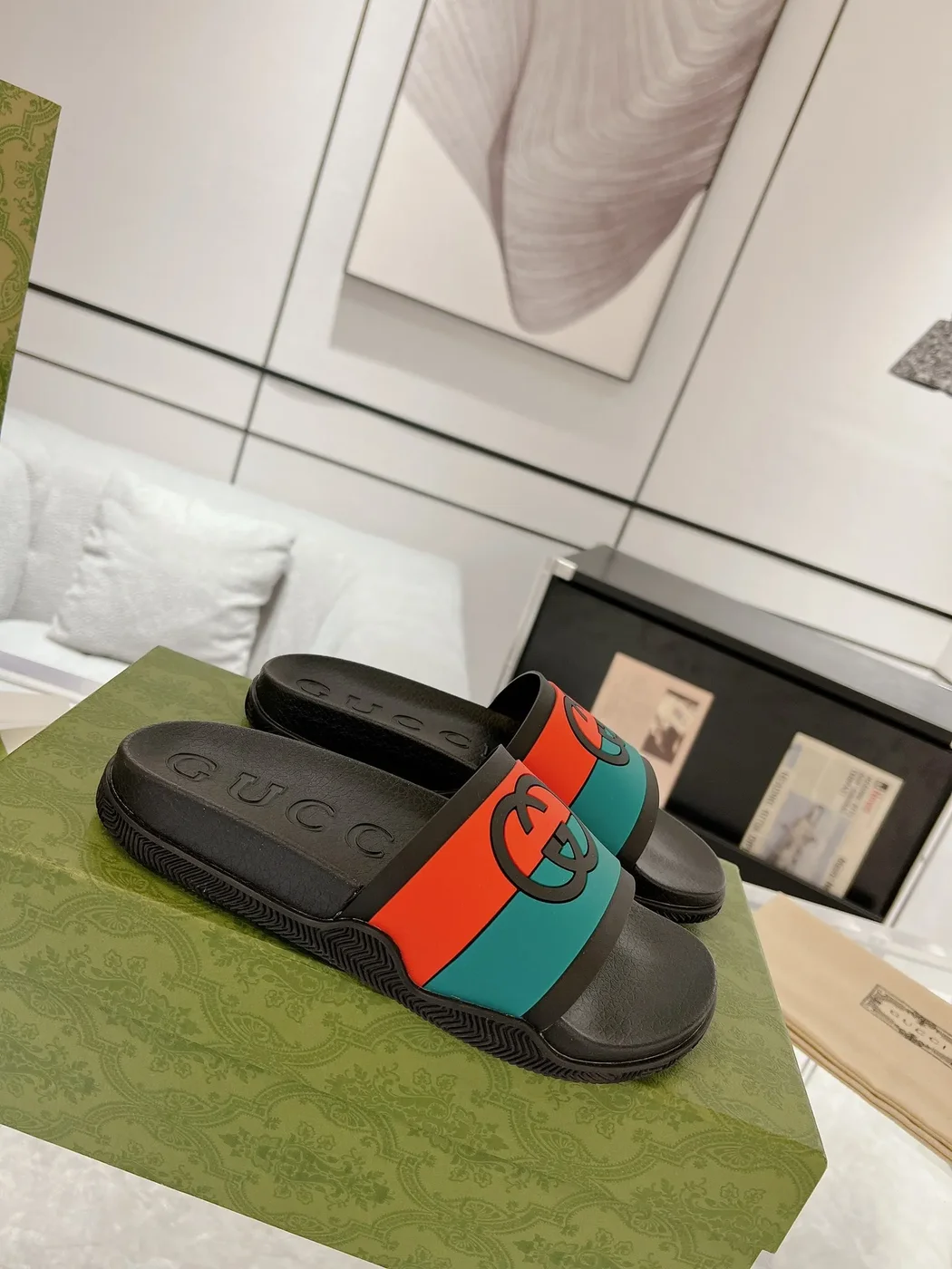Gucci Slide Sandals Black Green Red product view 3