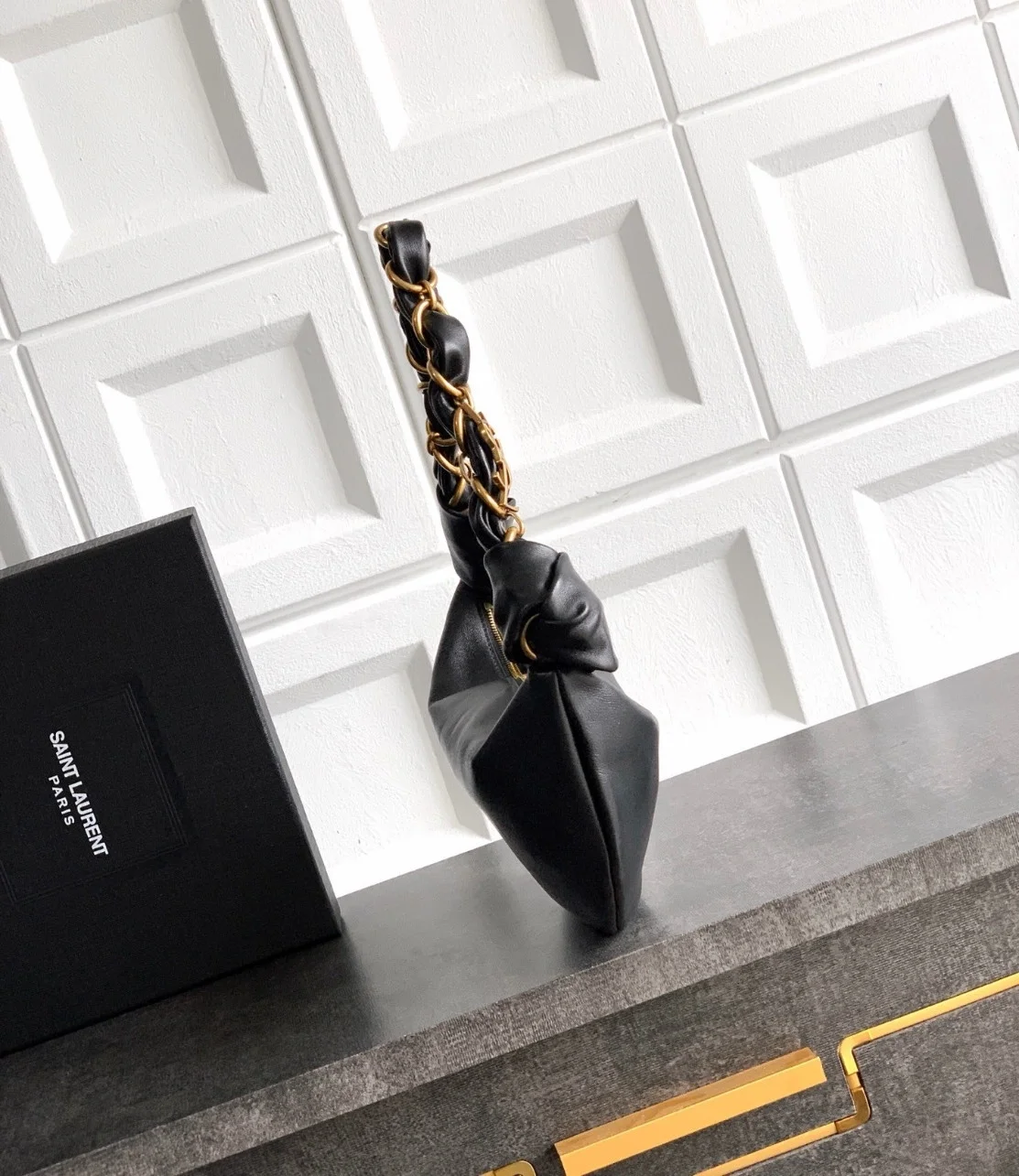 Saint Laurent Amalia Mini Hobo Bag in Black Lambskin product view 3