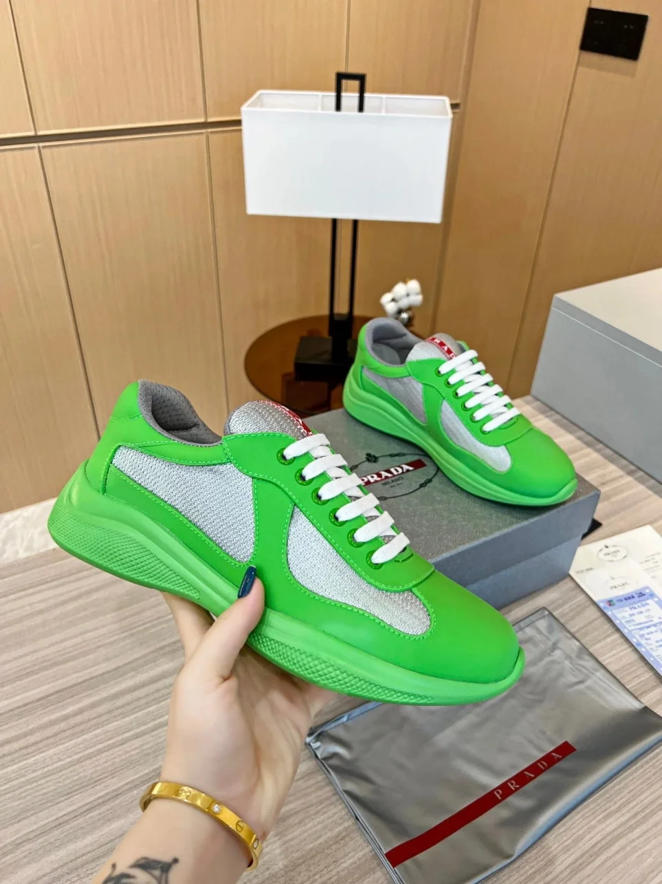 Prada America’s Cup Sneakers in Green Rubber and Bike Fabric product view 2