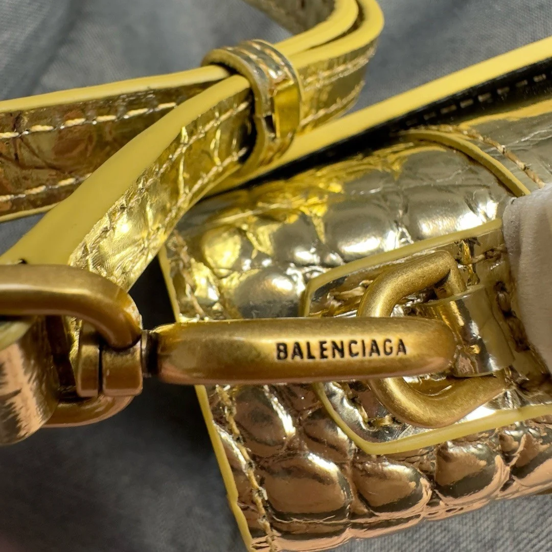 Balenciaga Hourglass XS Bag in Gold Croc-Embossed Calfskin product view 9