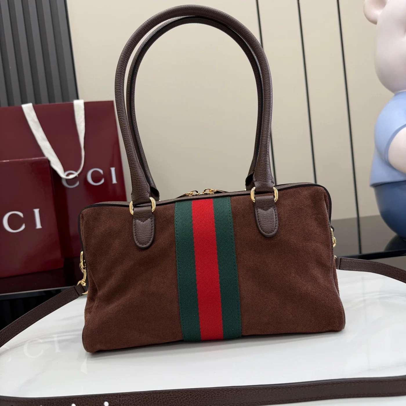 Gucci Borsetto Medium Boston Bag — Brown Suede product view 3