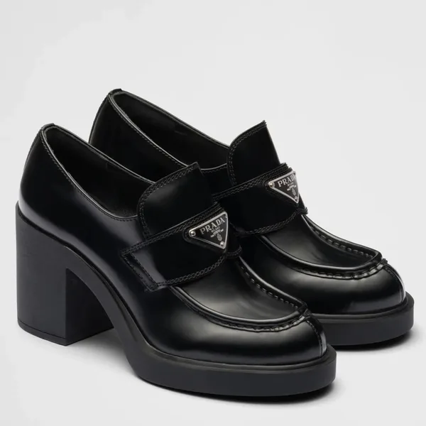 Prada Chocolate High-heeled Loafers In Black Brushed Leather product photo