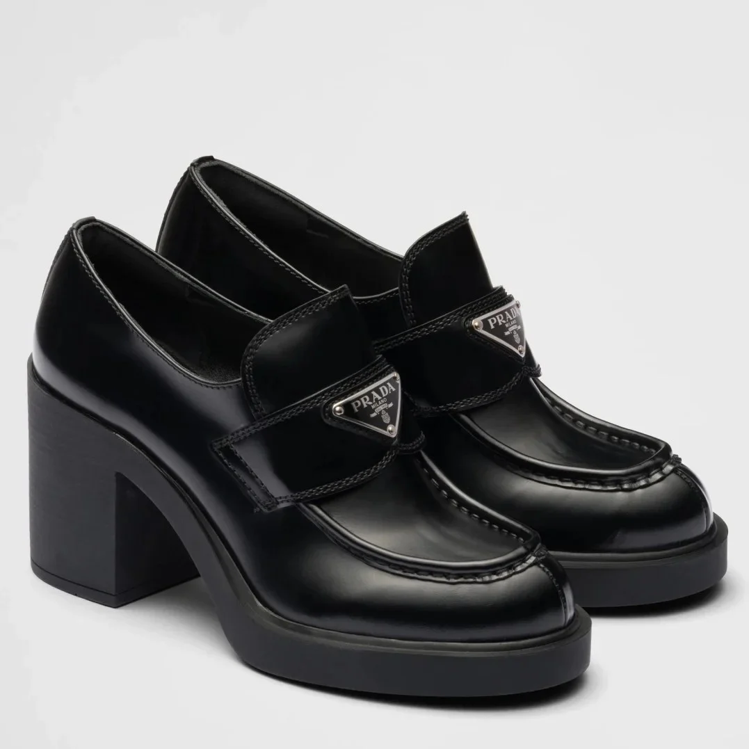 Prada Chocolate High-heeled Loafers In Black Brushed Leather product view 1