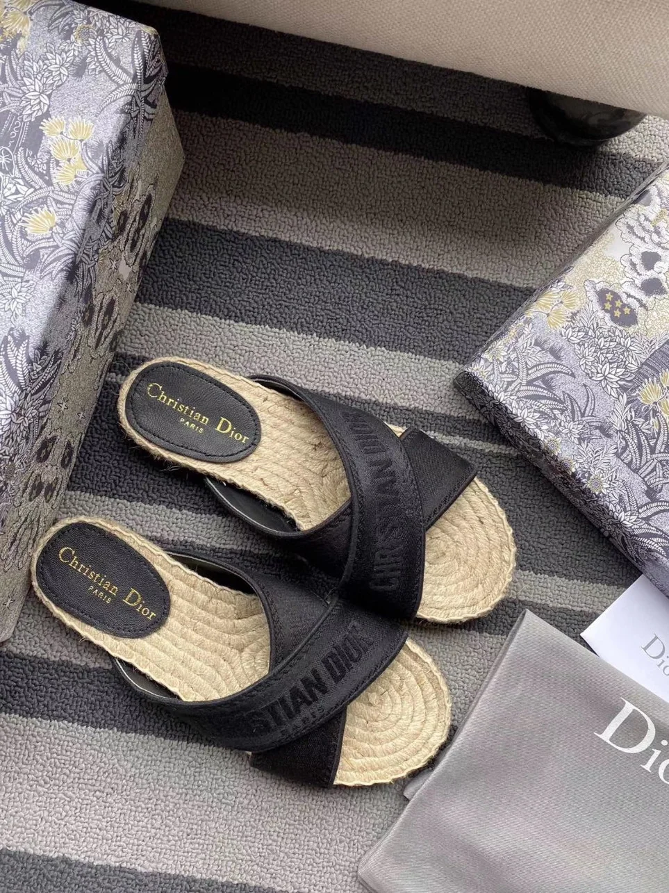 Dior Granville Espadrilles Sandals In Black Embroidered Cotton product view 7