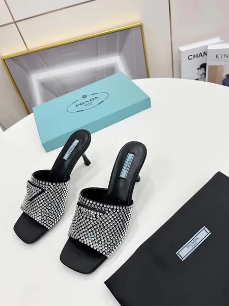 Prada Black Satin Heeled Sandals with White Crystals product view 4
