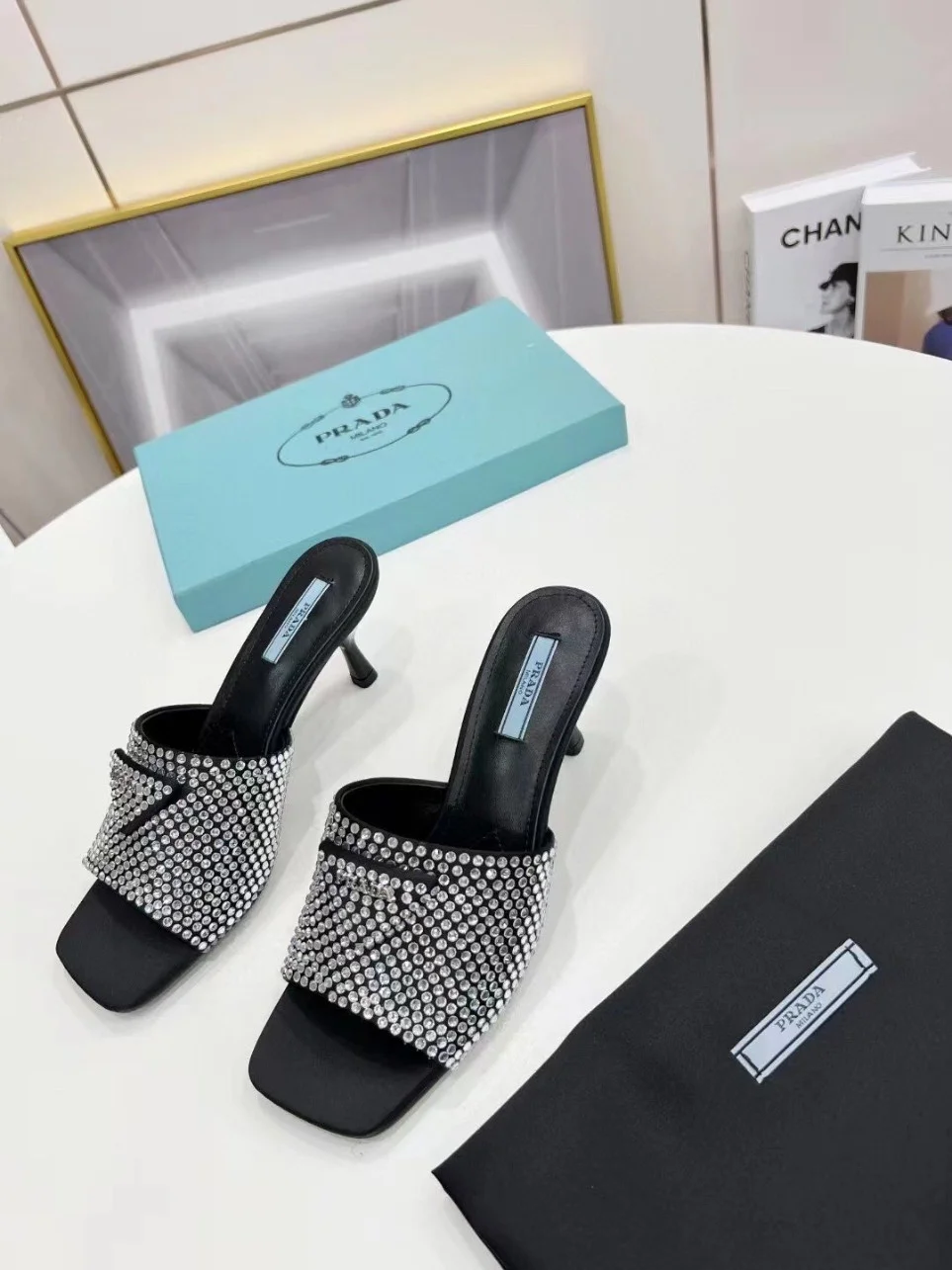 Prada Black Satin Heeled Sandals with White Crystals product view 4