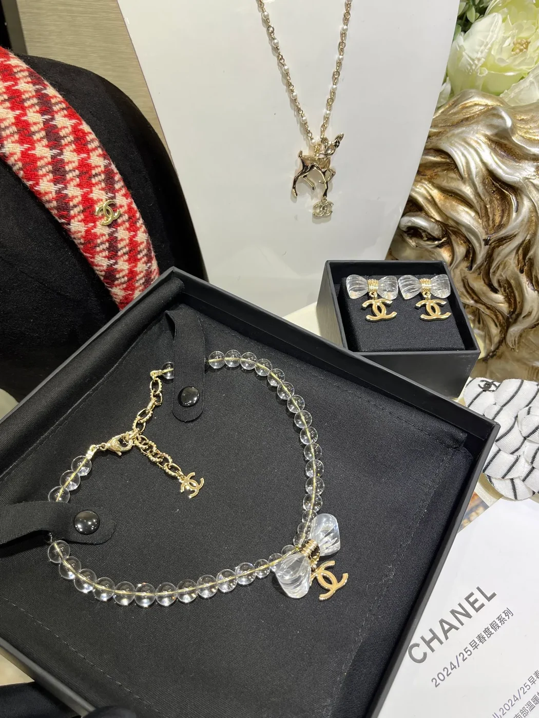 Chanel Clear Bead Bow CC Pendant Necklace Silver-Tone product view 1