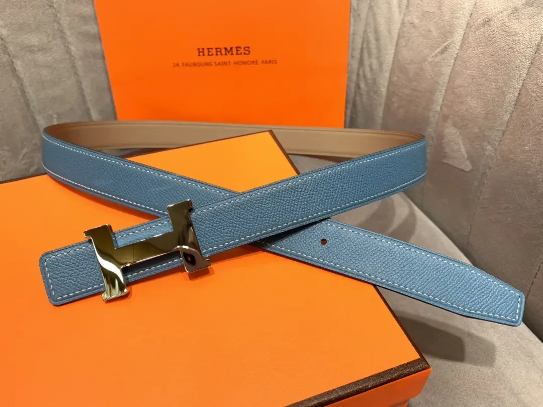 Hermès Blue/Taupe Reversible Belt with Silver-Tone Wide H Buckle product view 3