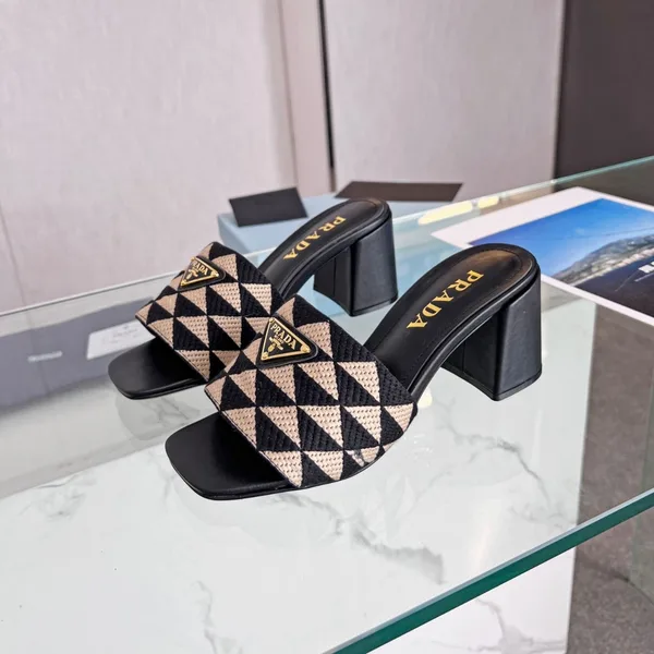 Prada Heeled Slide Sandals 65mm in Black and Beige Fabric product view 6
