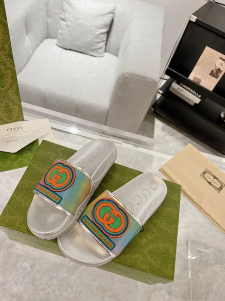 Gucci Interlocking G Slide Sandals — Silver with Rainbow Finish product photo