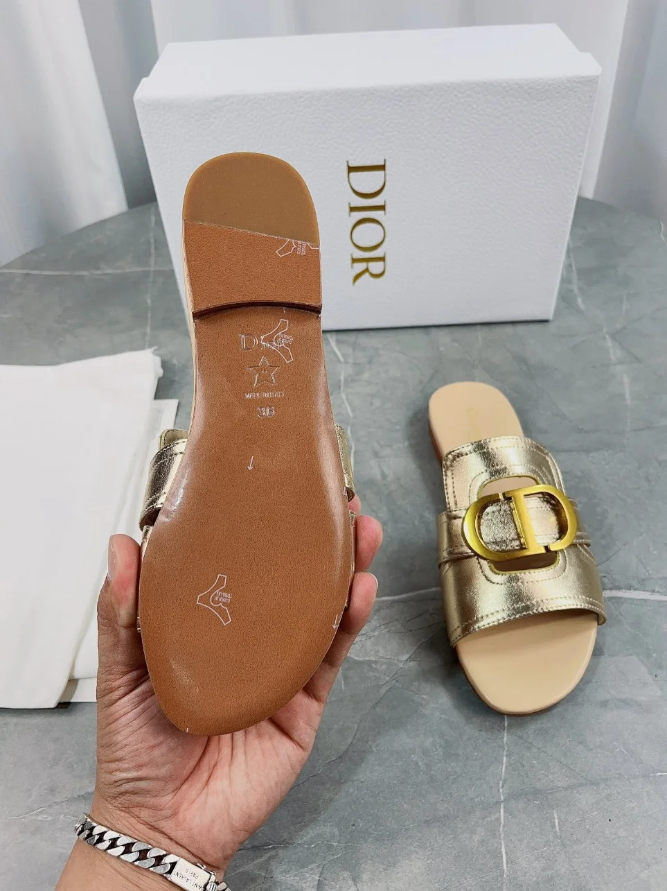 Dior 30 Montaigne Slides In Gold Metallic Calfskin product view 8