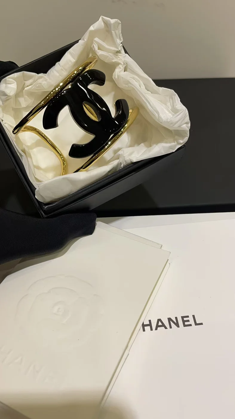 Chanel Wide Enamel CC Open Cuff Black and Gold-Tone product view 4