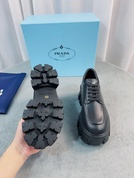 Prada Monolith Lace-up Shoes in Black Brushed Leather product view 7