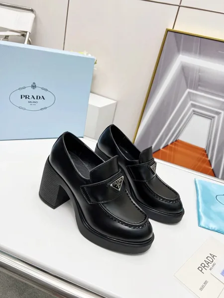 Prada Chocolate High-heeled Loafers In Black Brushed Leather product view 3