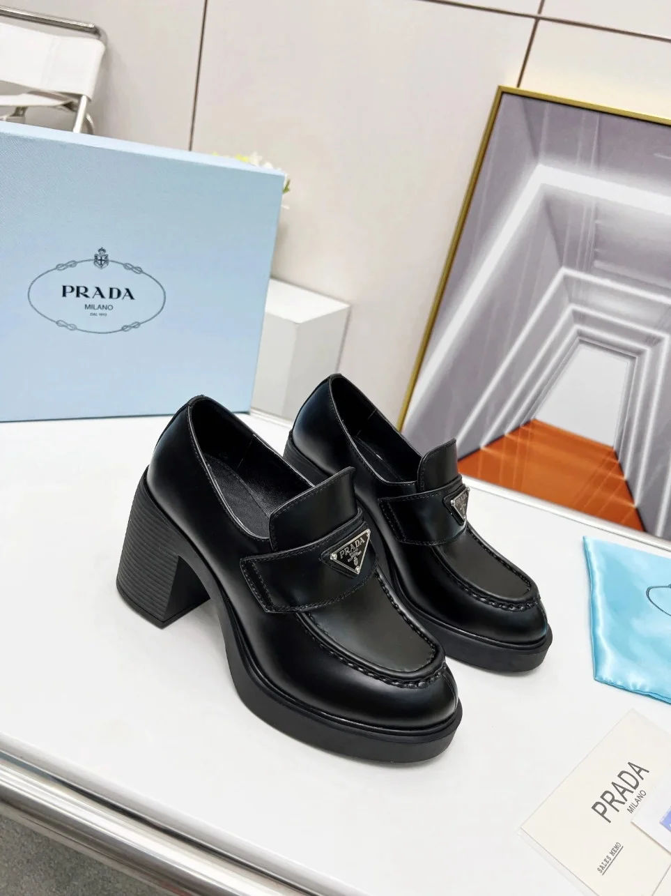 Prada Chocolate High-heeled Loafers In Black Brushed Leather product view 3