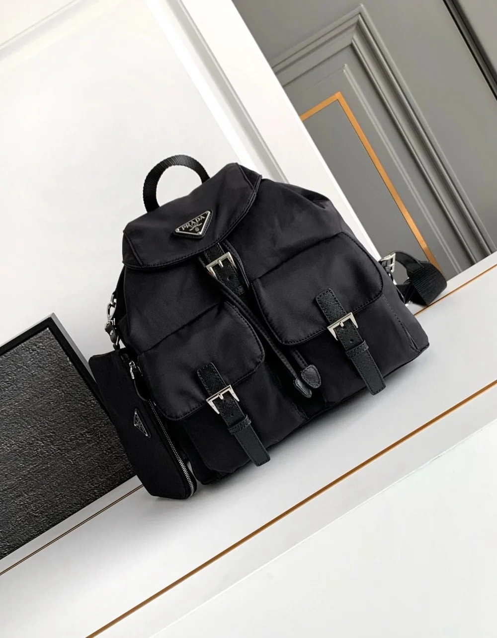 Prada Medium Backpack with Pouch in Black Re-Nylon product view 2