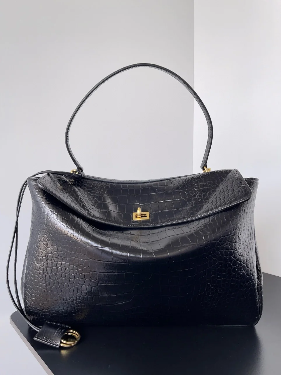 Balenciaga Rodeo Large Bag in Black Croc-Embossed Calfskin product view 3