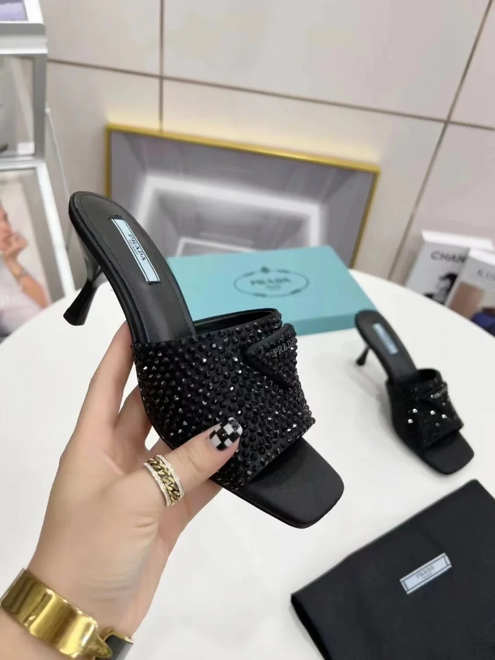 Prada Black Satin Heeled Sandals with Crystals product view 4