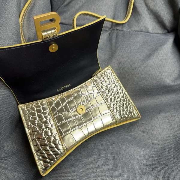 Balenciaga Hourglass XS Bag in Gold Croc-Embossed Calfskin product view 3