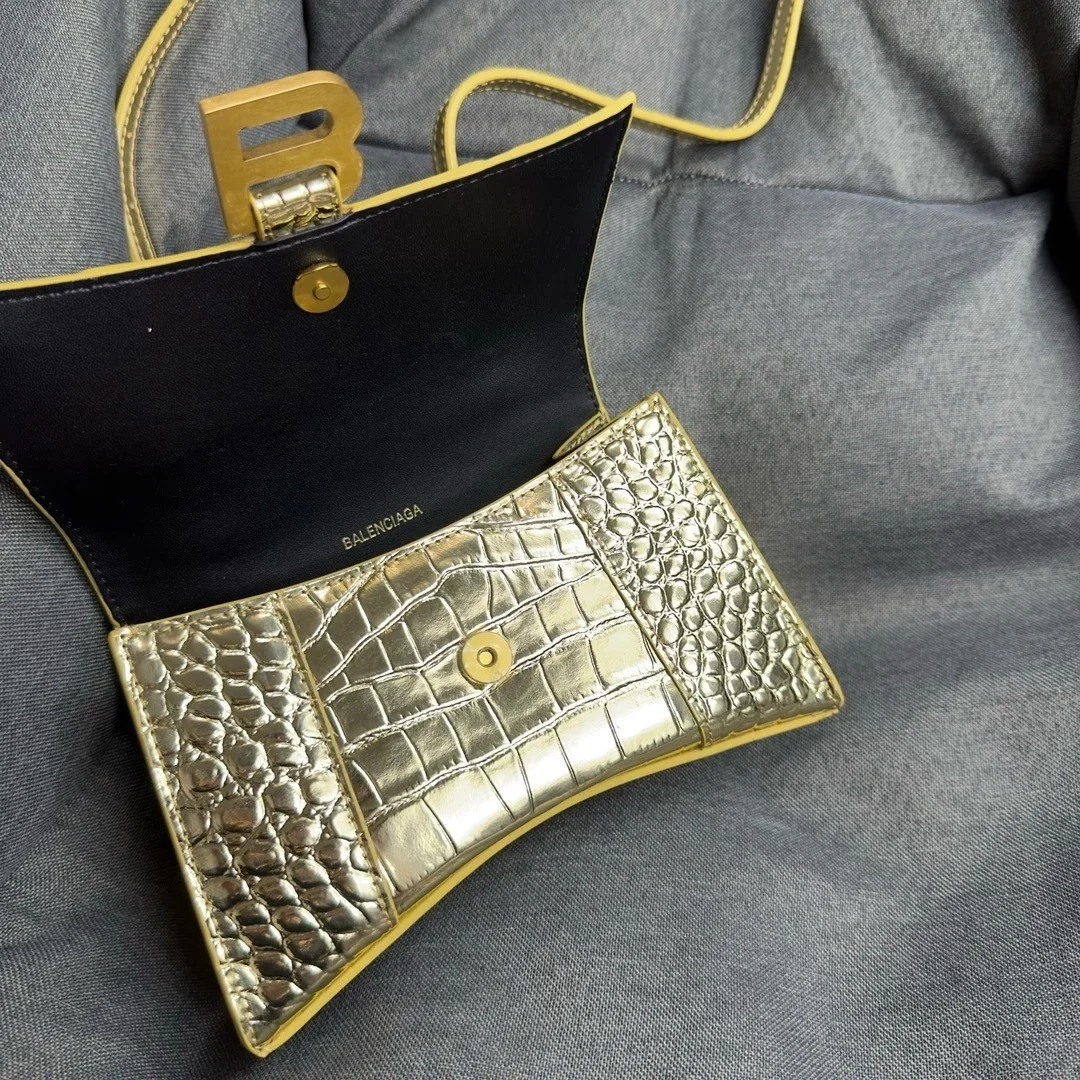 Balenciaga Hourglass XS Bag in Gold Croc-Embossed Calfskin product view 3