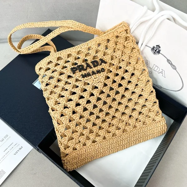 Prada Crochet Tote Bag in Beige Raffia-effect Yarn product view 8