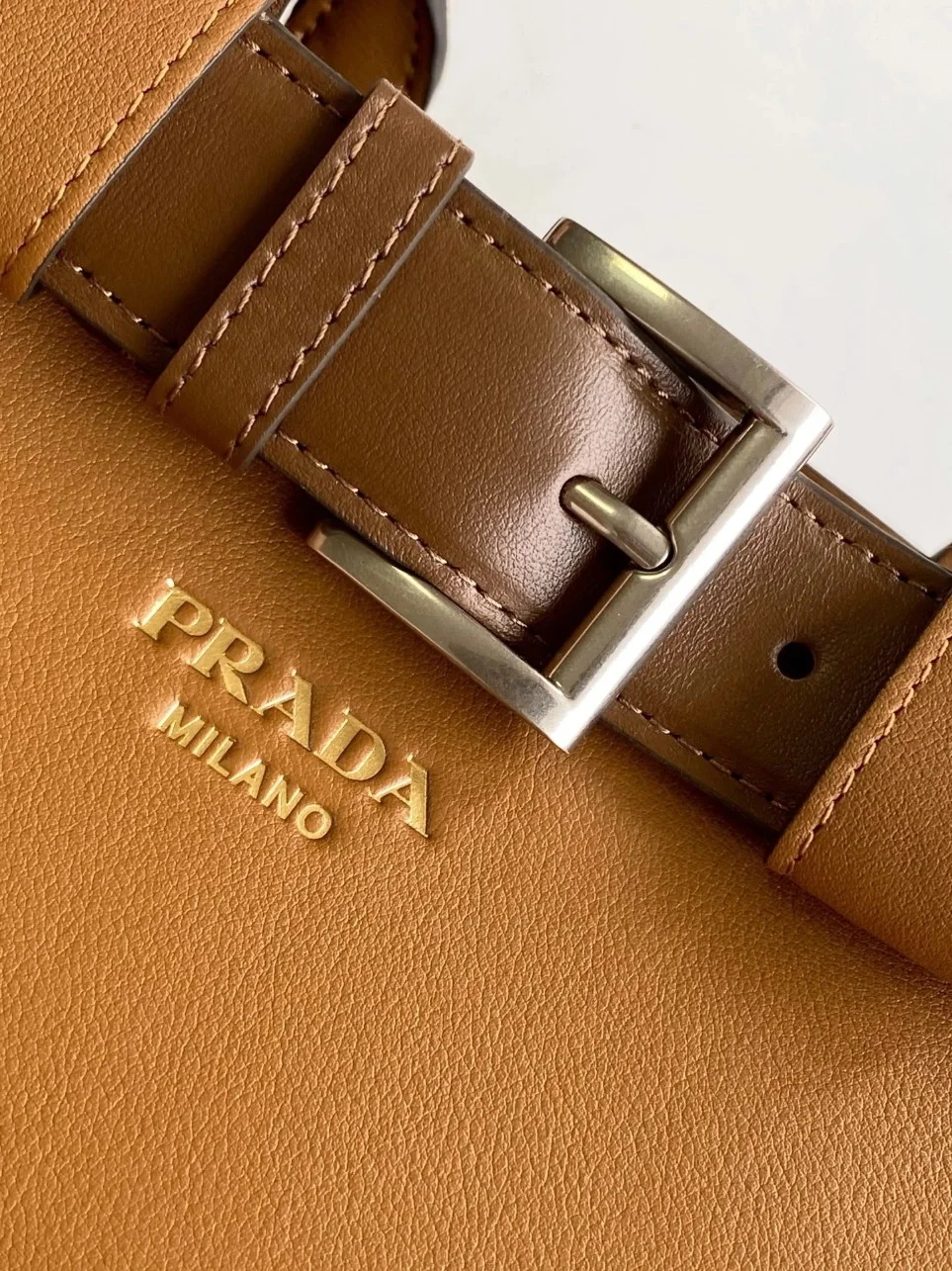 Prada Buckle Large Handbag with Belt in Caramel Calfskin product view 9