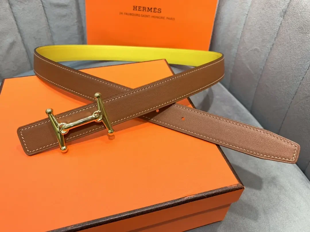 Hermès Yellow/Brown Reversible Belt with Gold-Tone Stirrup-Style H Buckle product view 2