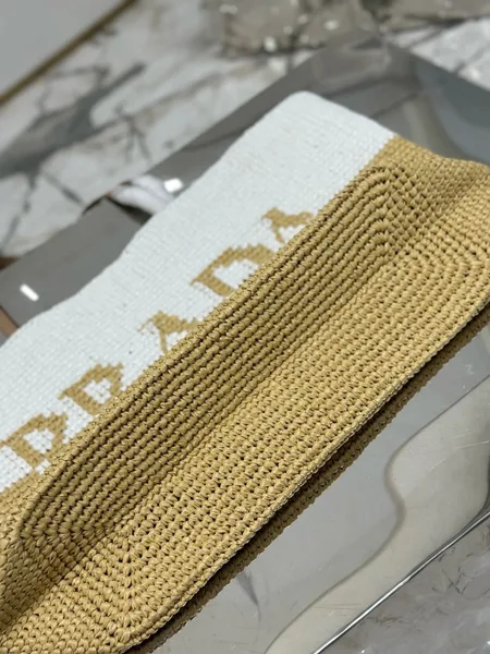 Prada Crochet Large Tote Bag in Beige/White Raffia-effect Yarn product view 7