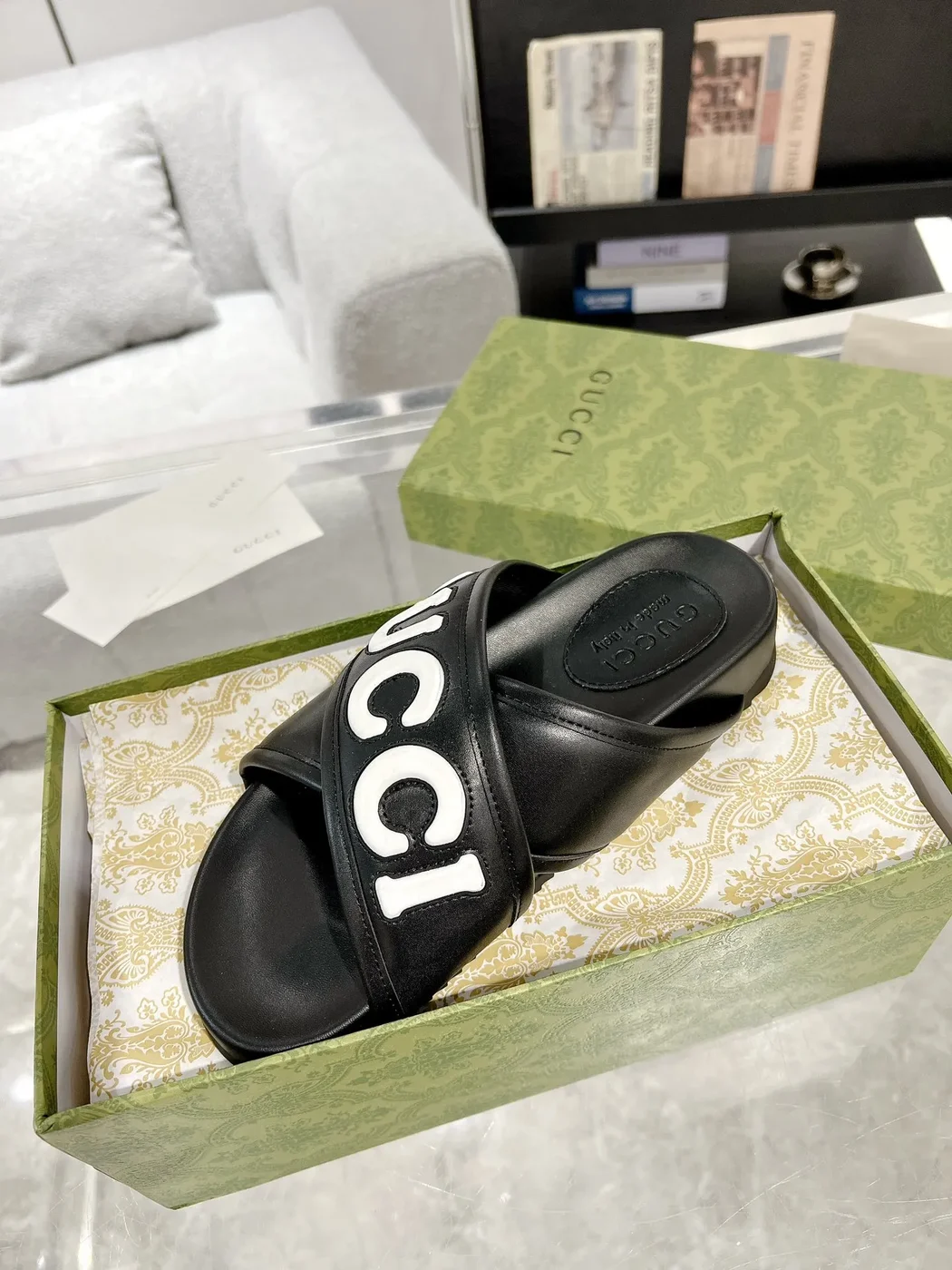 Gucci Cross-Strap Slide Sandals — Black with White Logo product view 4