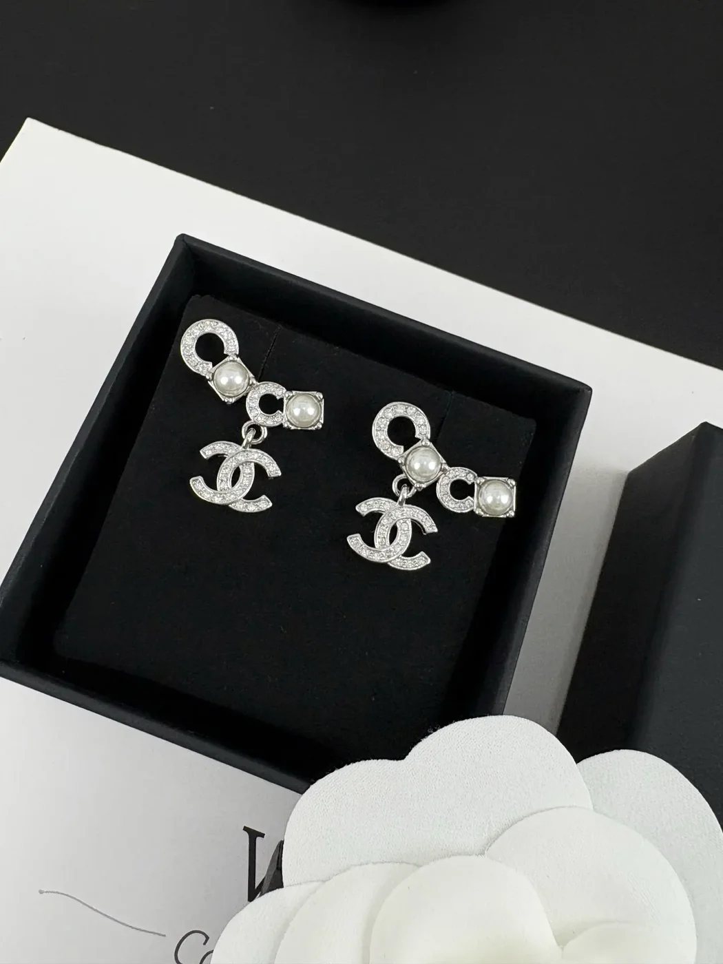 Chanel Pearl-Effect Pavé Coco Drop Earrings Silver-Tone product view 1