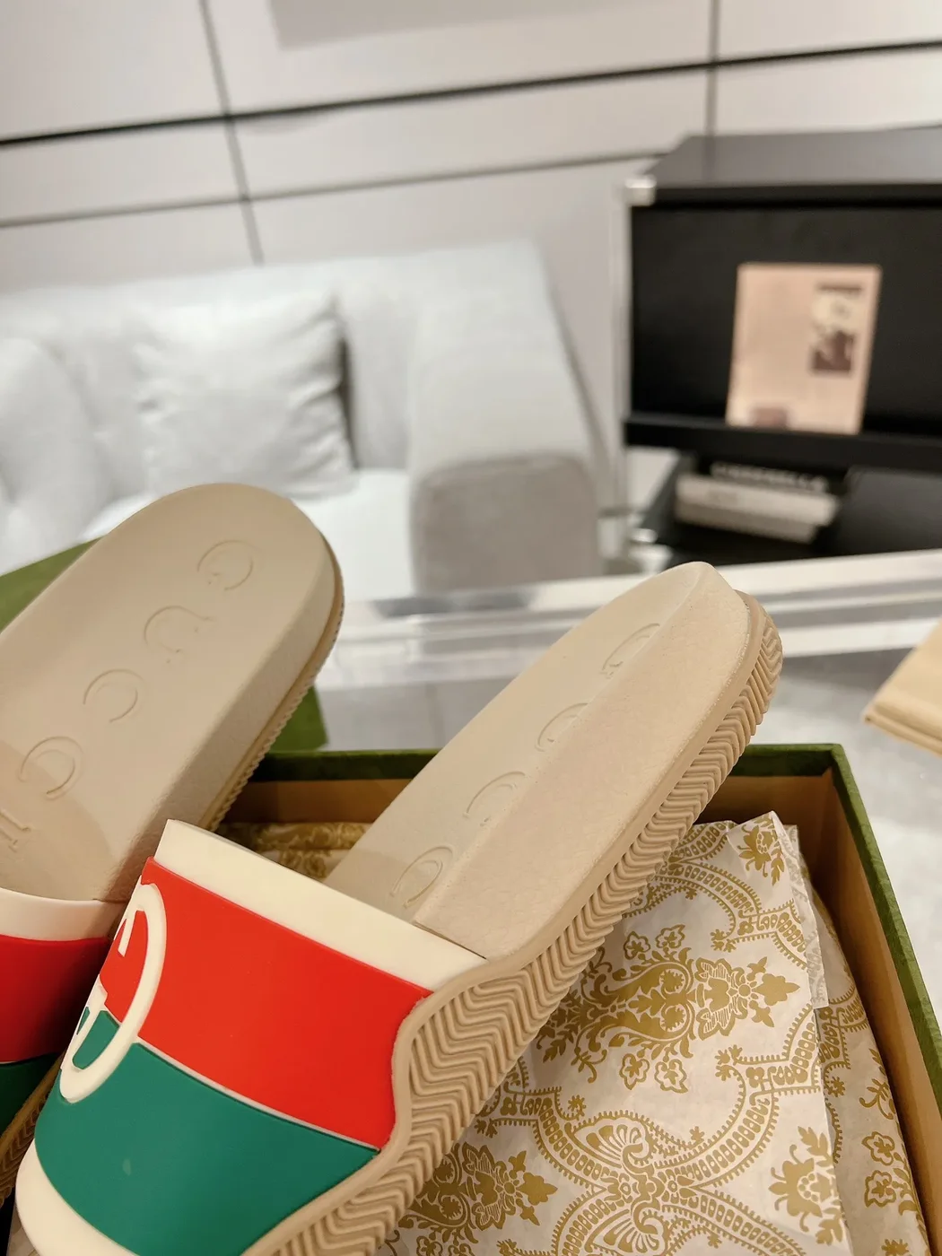 Gucci Slide Sandals, Beige/Red/Green product view 6