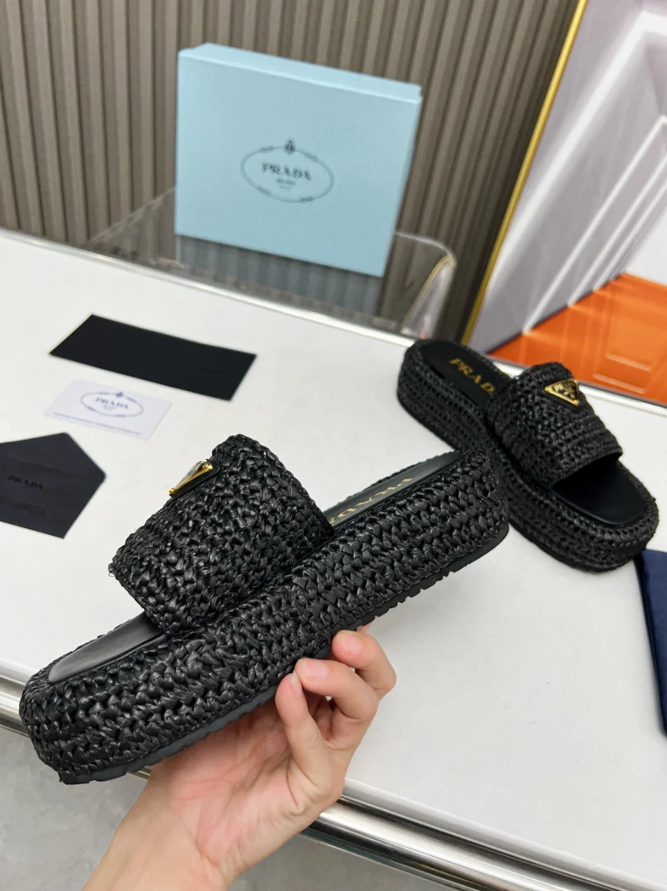 Prada Crochet Flatform Slides in Black Raffia-effect Yarn product view 8
