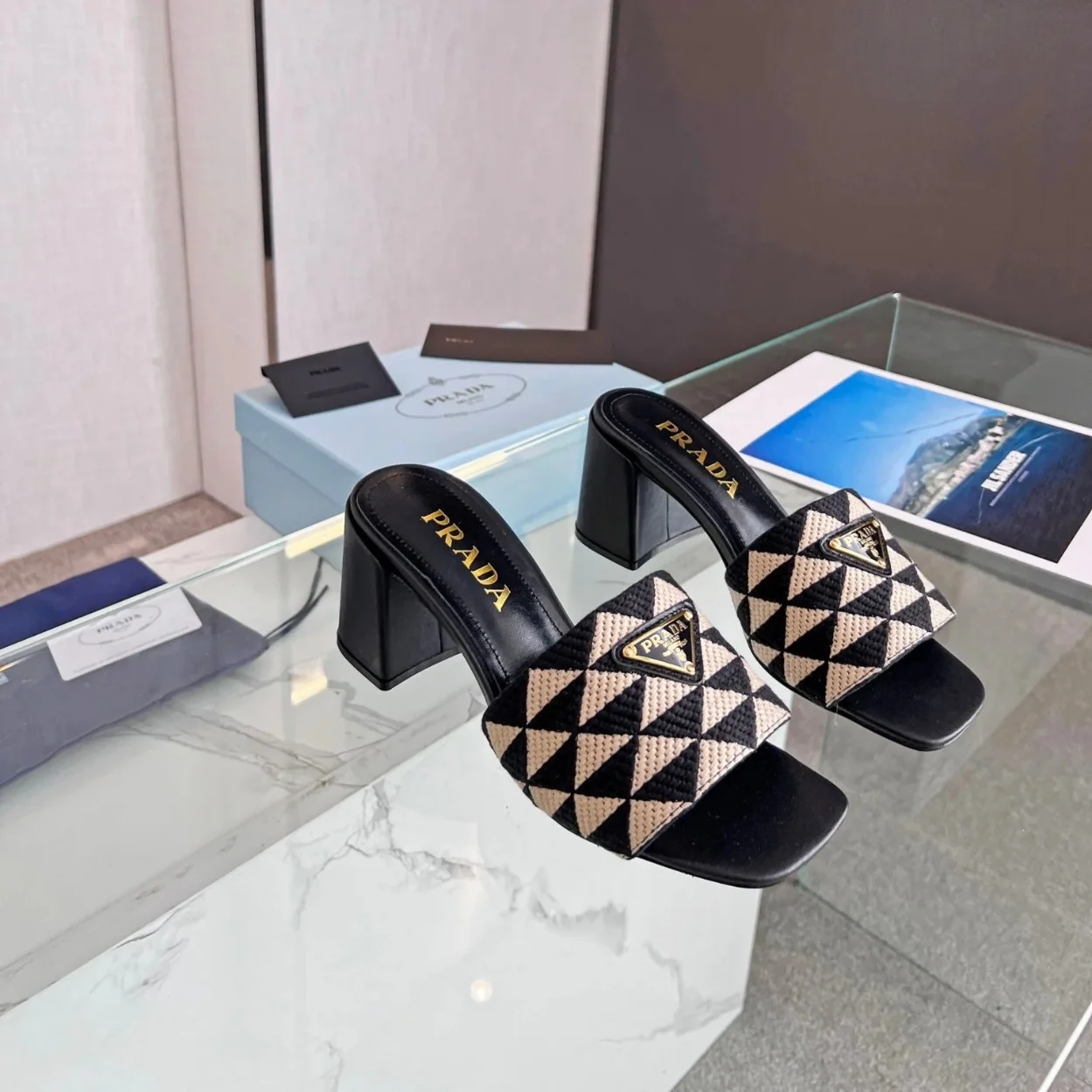 Prada Heeled Slide Sandals 65mm in Black and Beige Fabric product view 2