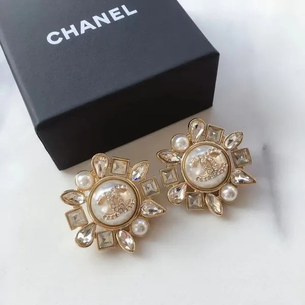 Chanel Pearl-Effect Floral Stud Earrings Gold-Tone product view 3