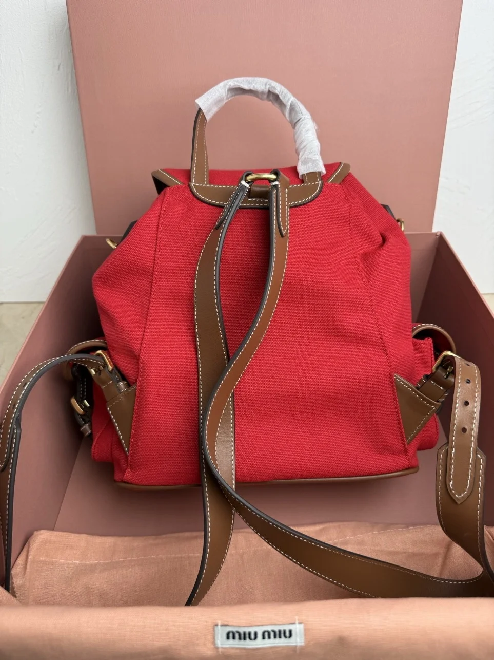 Miu Miu Large Backpack in Red Canvas and Calfskin product view 4